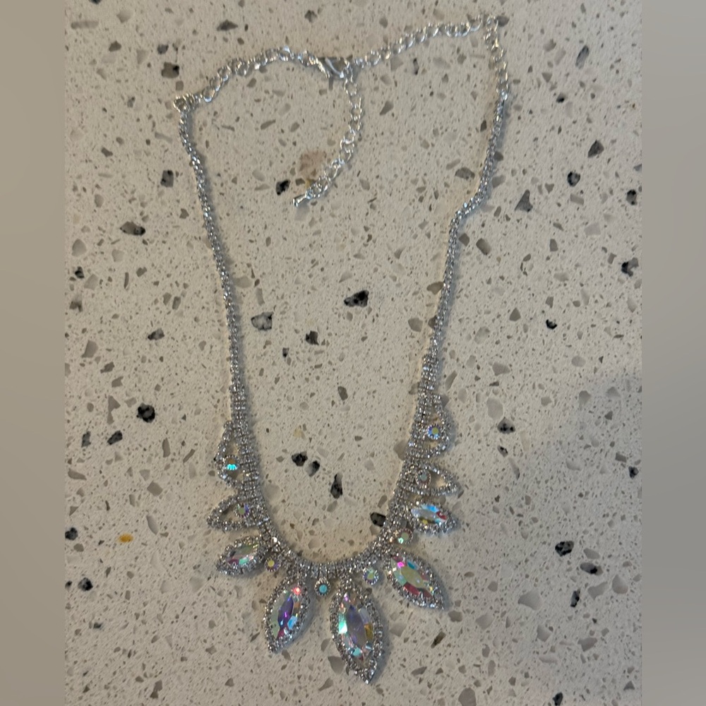 EUC Dazzling Silver Necklace with Iridescent Gems